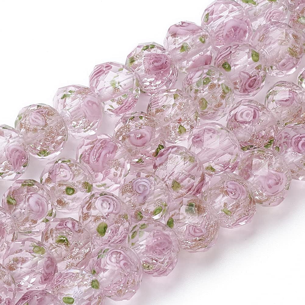 45pcs 9~12mm Gold Sand Lampwork Beads Glass Handmade Round Loose Beads for Rosary Making Jewelry Craft Making with 2mm Hole - Gloden Pink